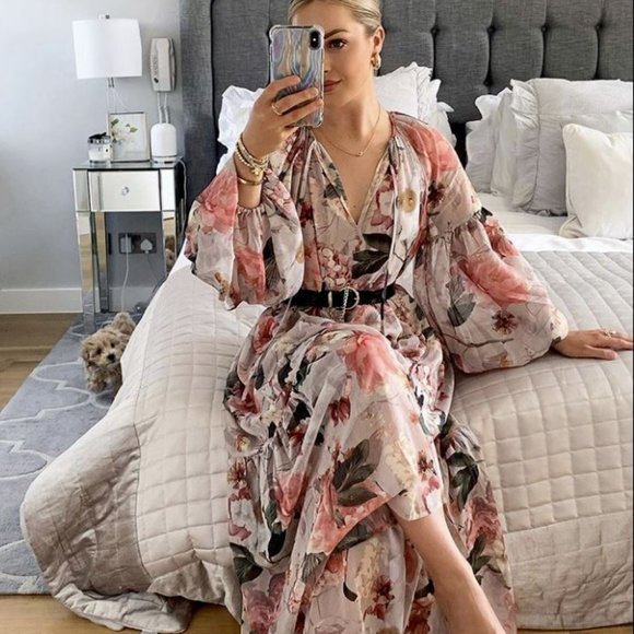 NWT H&M Conscious Floral Chiffon Maxi Dress in Light Pink sz L - Picture 1 of 14